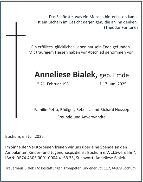 Traueranzeige von Anneliese Bialek von Tageszeitung