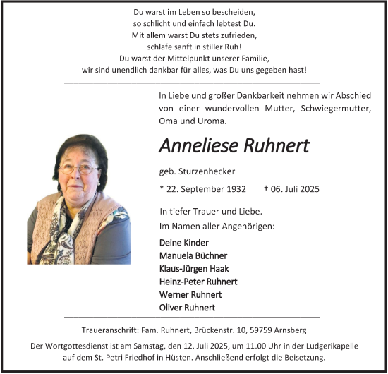 Traueranzeige von Anneliese Ruhnert von Tageszeitung