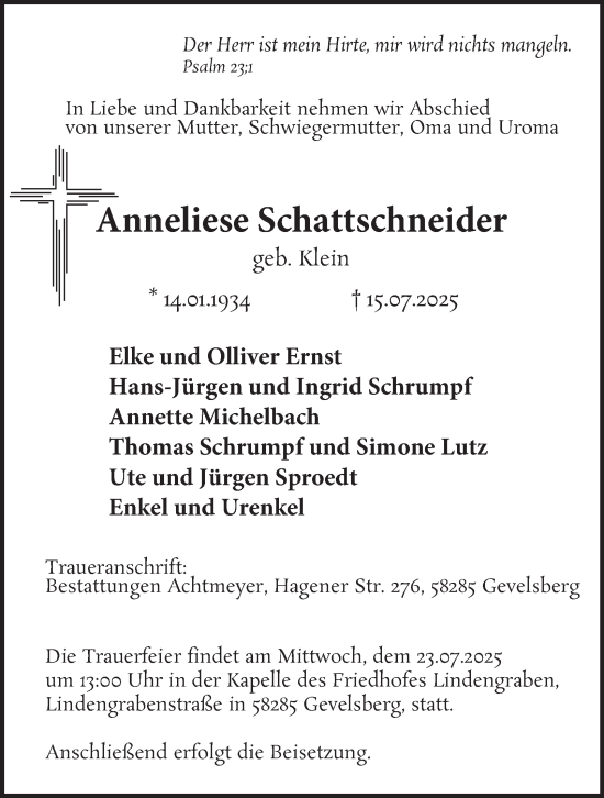Traueranzeige von Anneliese Schattschneider von Tageszeitung