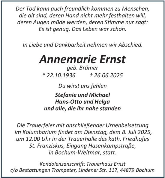 Traueranzeige von Annemarie Ernst von Tageszeitung