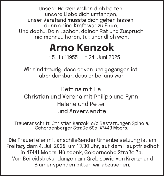 Traueranzeige von Arno Kanzok von Tageszeitung