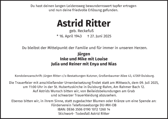 Traueranzeige von Astrid Ritter von Tageszeitung