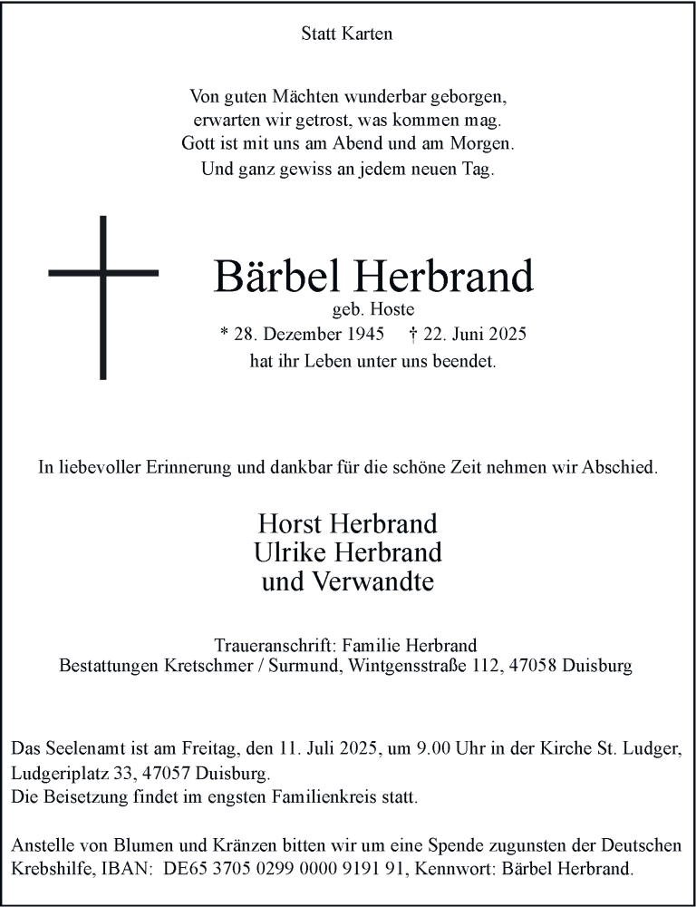  Traueranzeige für Bärbel Herbrand vom 28.06.2025 aus Tageszeitung