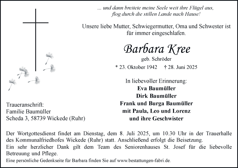  Traueranzeige für Barbara Kree vom 05.07.2025 aus Tageszeitung