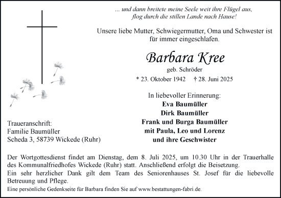 Traueranzeige von Barbara Kree von Tageszeitung