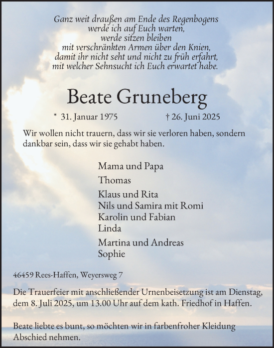 Traueranzeige von Beate Gruneberg von Tageszeitung