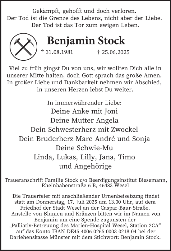 Traueranzeige von Benjamin Stock von Tageszeitung