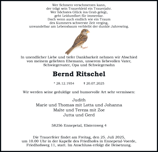 Traueranzeige von Bernd Ritschel von Tageszeitung