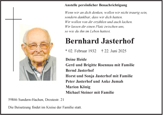 Traueranzeige von Bernhard Jasterhof von Tageszeitung