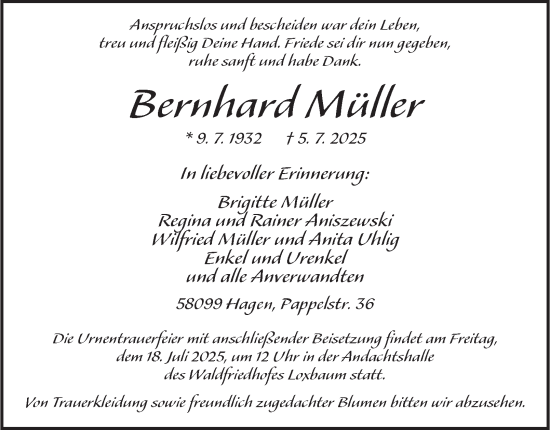 Traueranzeige von Bernhard Müller von Tageszeitung