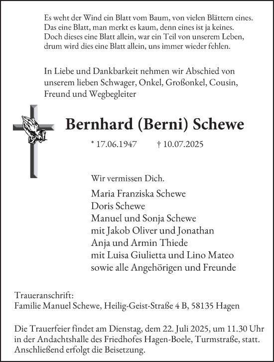 Traueranzeige von Bernhard Schewe von Tageszeitung