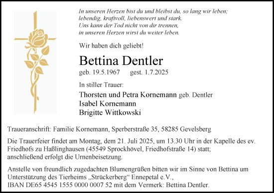 Traueranzeige von Bettina Dentler von Tageszeitung