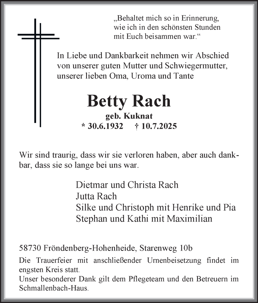  Traueranzeige für Betty Rach vom 19.07.2025 aus Tageszeitung