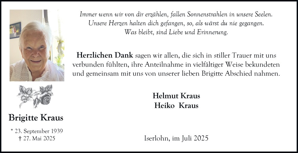 Traueranzeige für Brigitte Kraus vom 12.07.2025 aus Tageszeitung