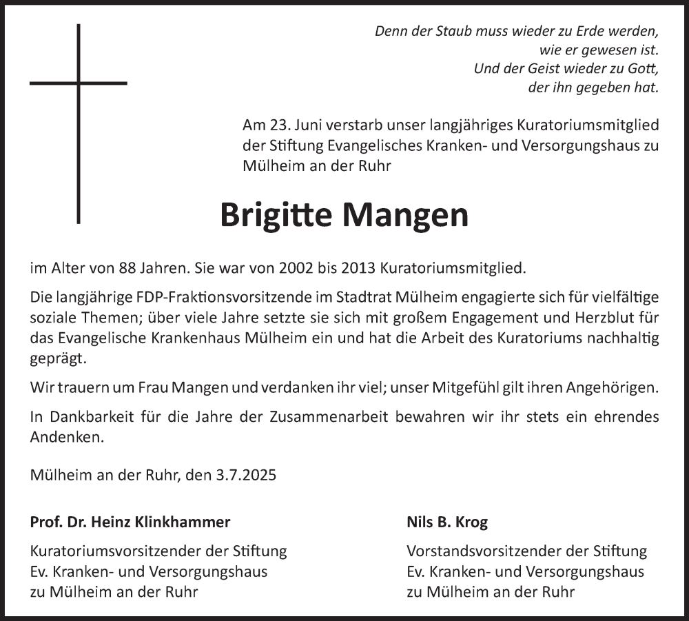  Traueranzeige für Brigitte Mangen vom 03.07.2025 aus Tageszeitung