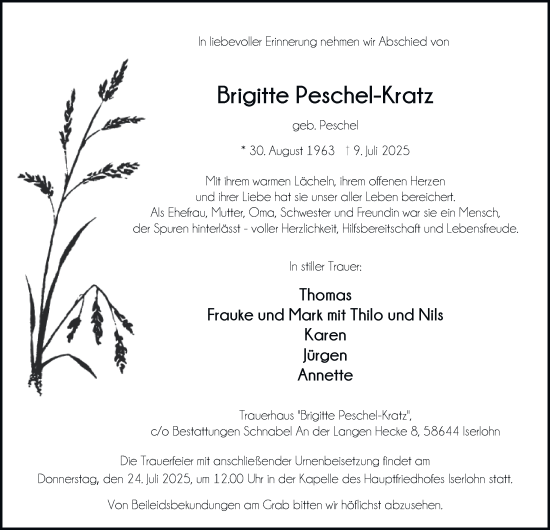 Traueranzeige von Brigitte Peschel-Kratz von Tageszeitung