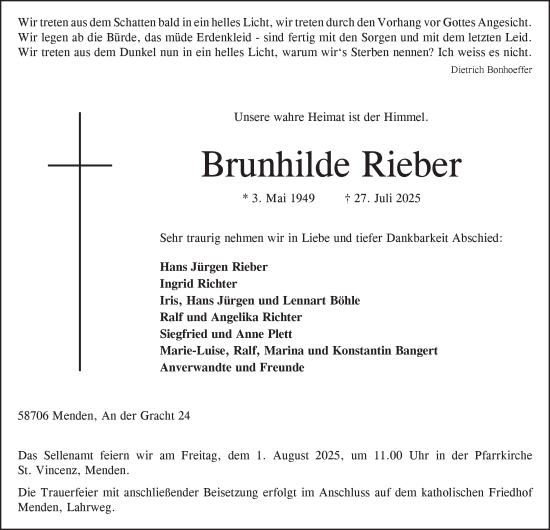 Traueranzeige von Brunhilde Rieber von Tageszeitung