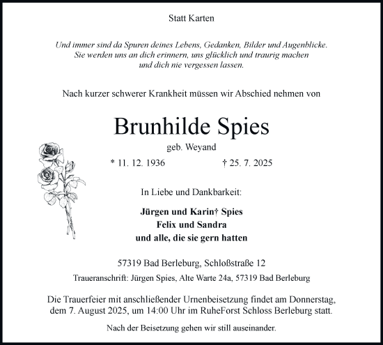 Traueranzeige von Brunhilde Spies von Tageszeitung