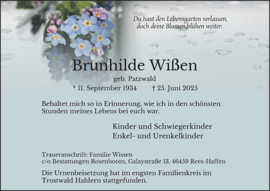 Traueranzeige von Brunhilde Wißen von Tageszeitung