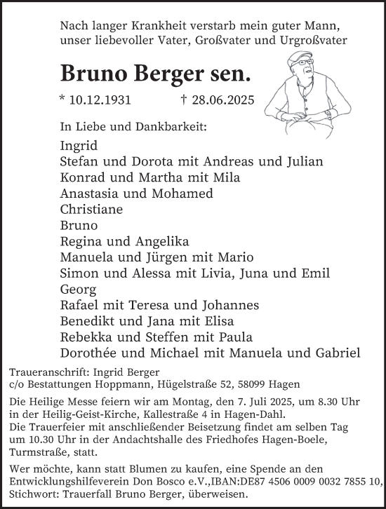 Traueranzeige von Bruno Berger von Tageszeitung