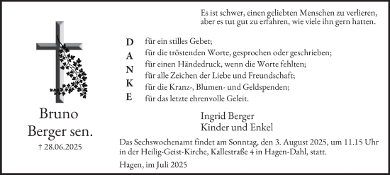 Traueranzeige von Bruno Berger von Tageszeitung