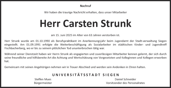 Traueranzeige von Carsten Strunk von Tageszeitung