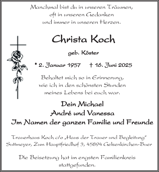 Traueranzeige von Christa Koch von Tageszeitung