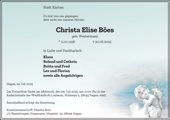 Traueranzeige von Christa Elise Böes von Tageszeitung