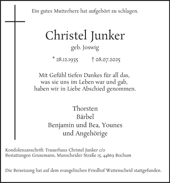 Traueranzeige von Christel Junker von Tageszeitung