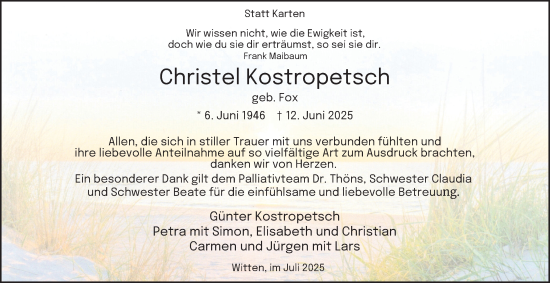 Traueranzeige von Christel Kostropetsch von Tageszeitung
