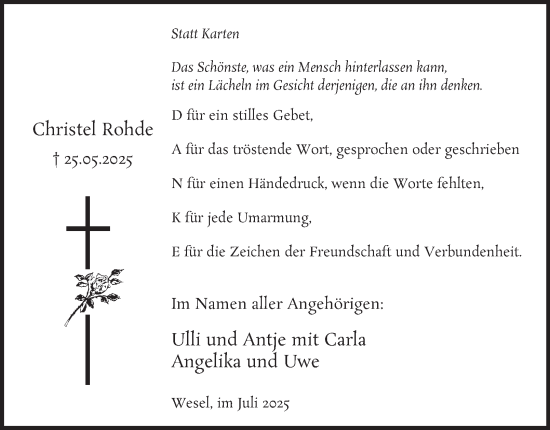 Traueranzeige von Christel Rohde von Tageszeitung