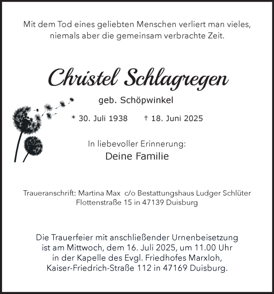 Traueranzeige von Christel Schlagregen von Tageszeitung