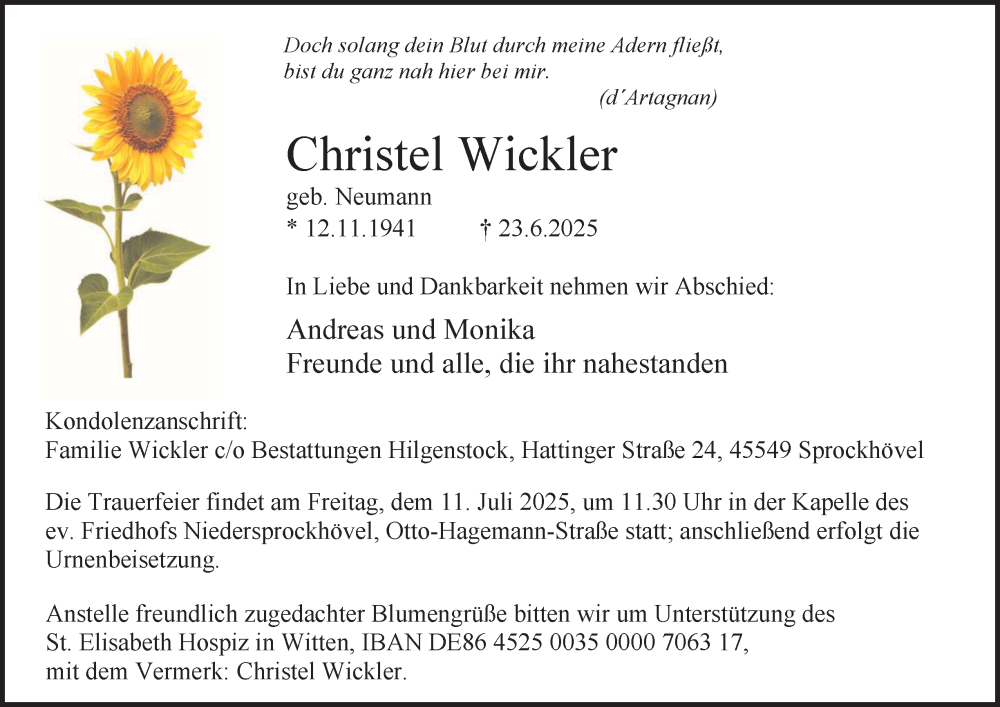  Traueranzeige für Christel Wickler vom 05.07.2025 aus Tageszeitung