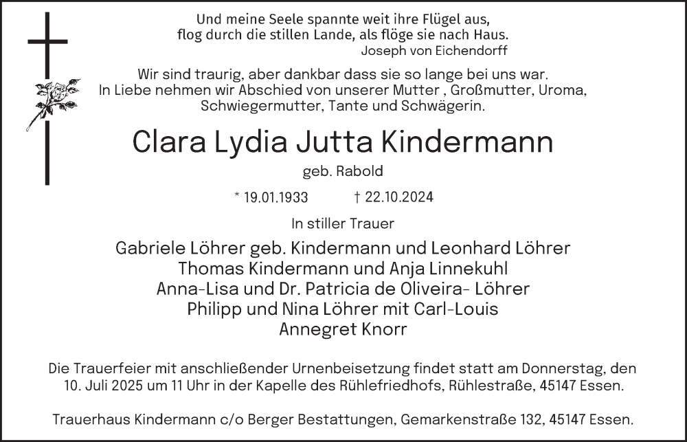  Traueranzeige für Clara  Kindermann vom 28.06.2025 aus Tageszeitung