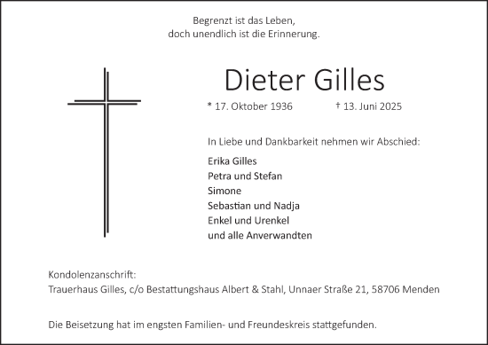 Traueranzeige von Dieter Gilles von Tageszeitung