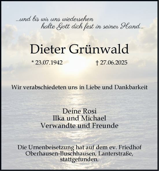 Traueranzeige von Dieter Grünwald von Tageszeitung