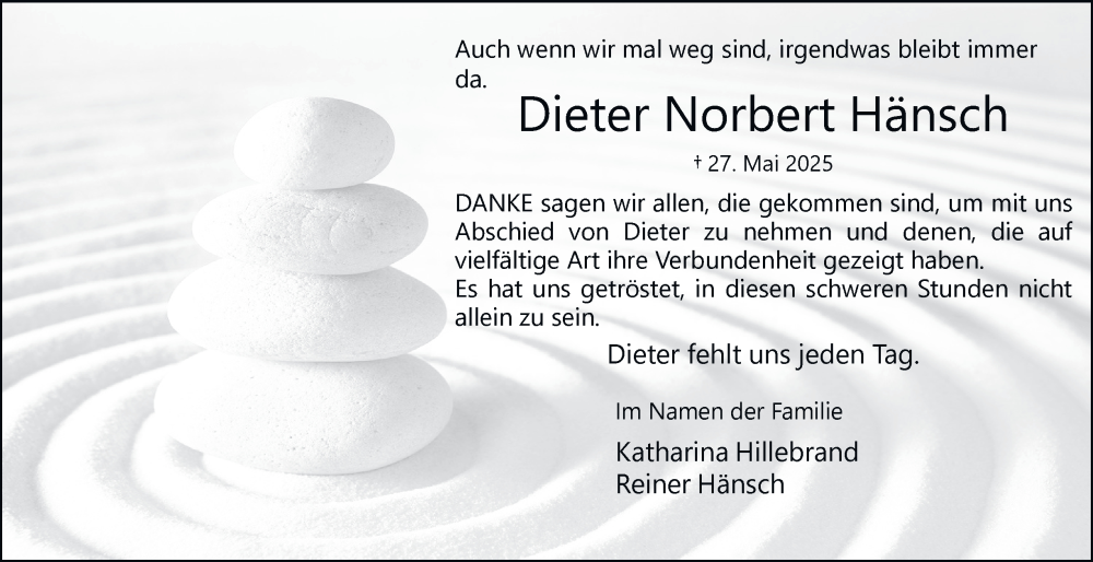  Traueranzeige für Dieter Norbert Hänsch vom 28.06.2025 aus Tageszeitung