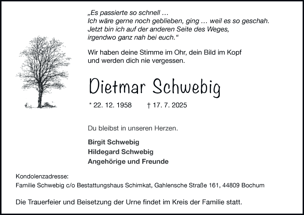  Traueranzeige für Dietmar Schwebig vom 26.07.2025 aus Tageszeitung