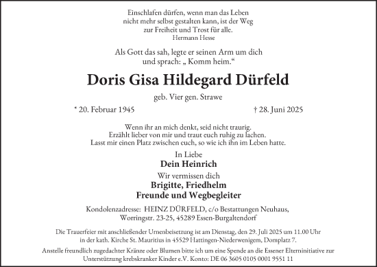 Traueranzeige von Doris Gisa Hildegard Dürfeld von Tageszeitung