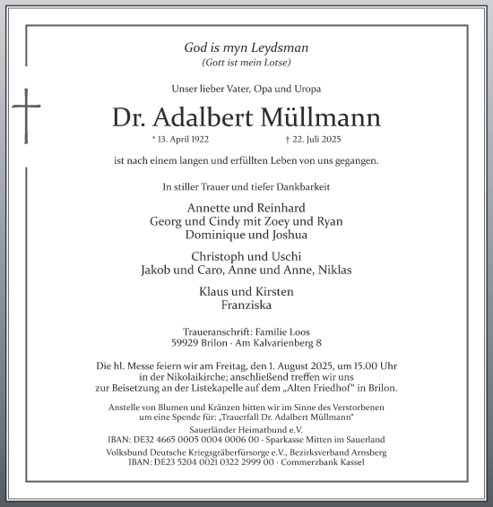 Traueranzeige von Dr. Adalbert Müllmann von Tageszeitung