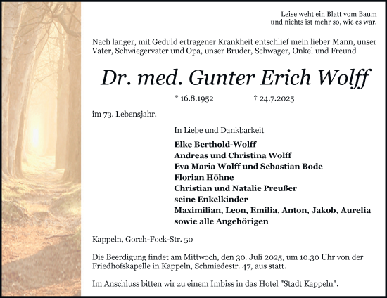 Traueranzeige von Dr. med. Gunter Erich Wolff von Tageszeitung