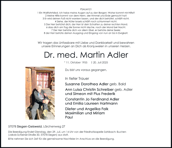 Traueranzeige von Dr. med. Martin Adler von Tageszeitung