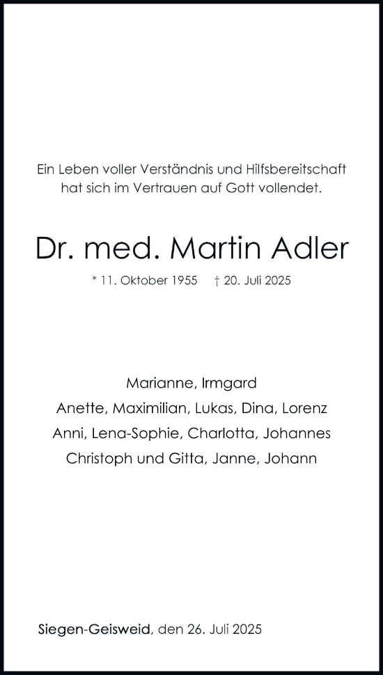 Traueranzeige von Dr. med. Martin Adler von Tageszeitung