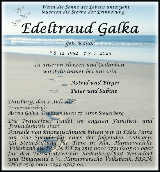 Traueranzeige von Edeltraud Galka von Tageszeitung