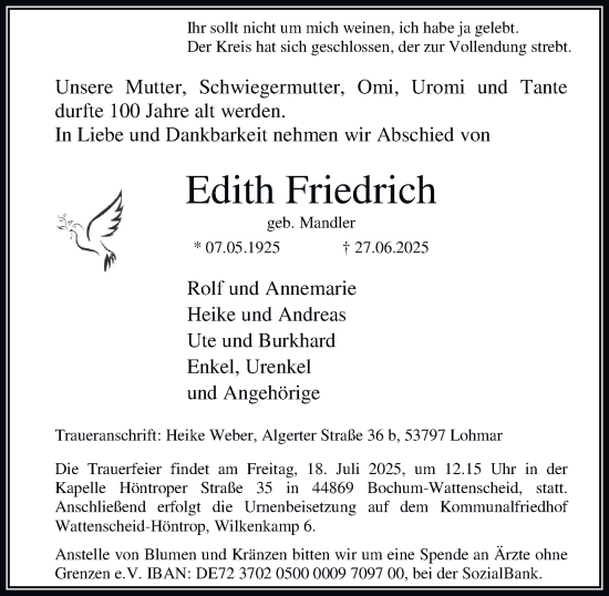 Traueranzeige von Edith Friedrich von Tageszeitung
