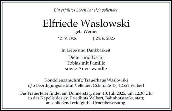 Traueranzeige von Elfriede Waslowski von Tageszeitung