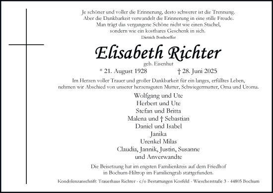 Traueranzeige von Elisabeth Richter von Tageszeitung