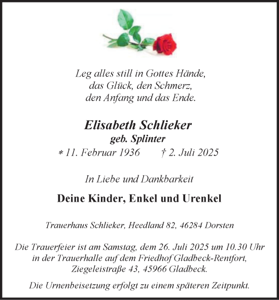 Traueranzeige von Elisabeth Schlieker von Tageszeitung