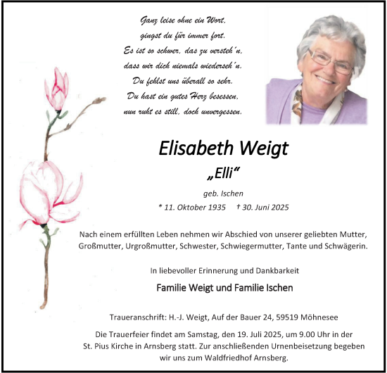 Traueranzeige von Elisabeth Weigt von Tageszeitung