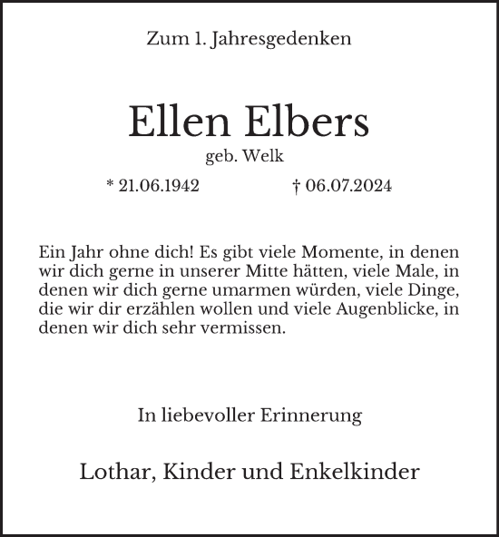 Traueranzeige von Ellen Elbers von Tageszeitung